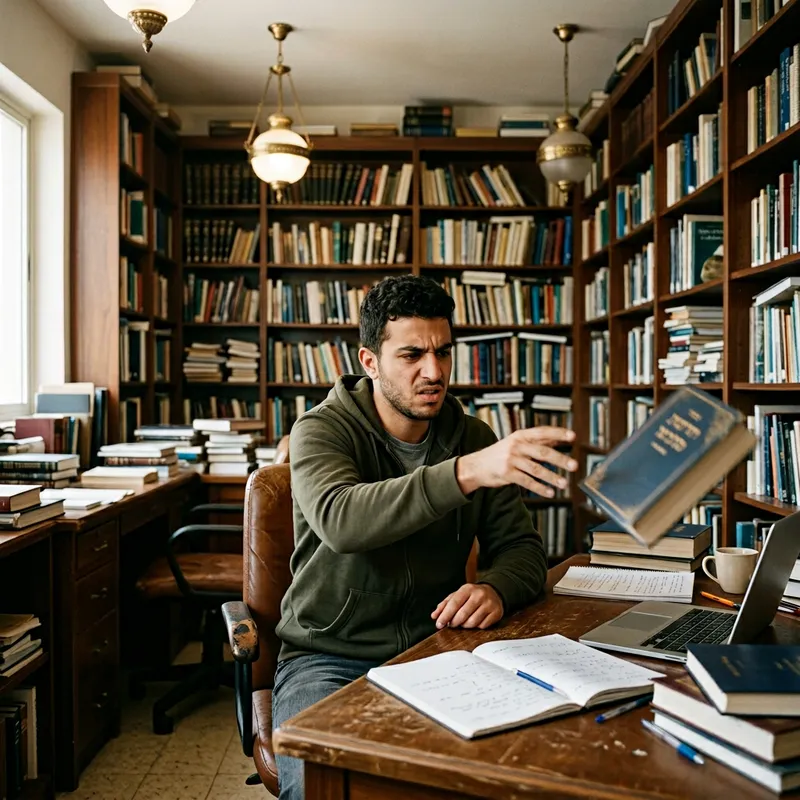 Angry Jewish Man Throws Torah in Library Scene Angry Jewish Man Throws Torah in Library Scene