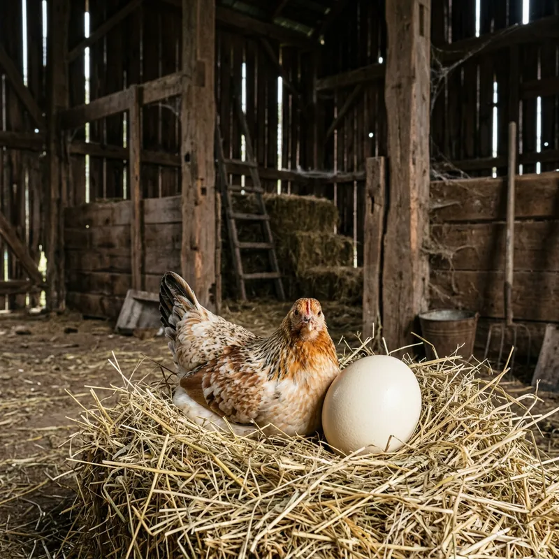 Adorable Mini Chicken Lays Large Egg in Rustic Barn Hay - Country Charm Scene
