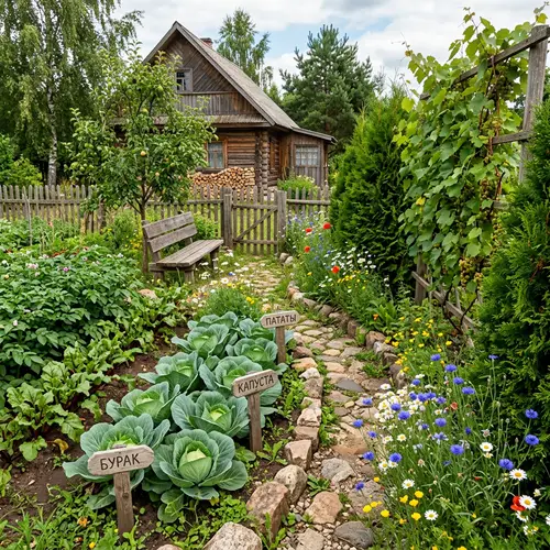 Traditional Belarussian Garden with Vegetables, Veiniks, Thujas & Meadow Flowers