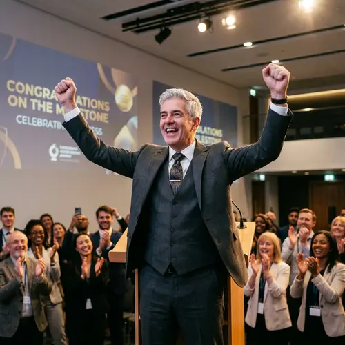 Inspiring Victory Pose Speech by Mature Professional Man