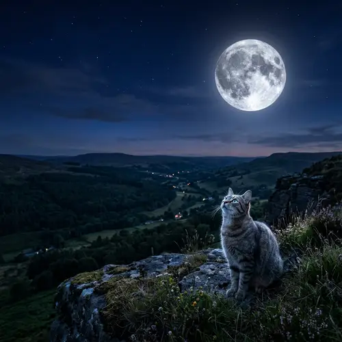 Enchanting Moonlit Serenity: Mystical Image of Feline under Twilight