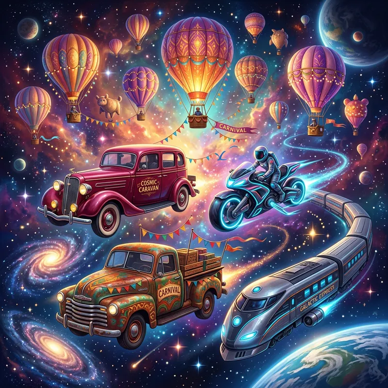 Abstract Carnival of Vehicles: Vintage Car, Hoverbike, Pickup Truck, Train & Hot Air Balloons
