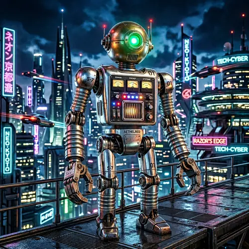 Gleaming Silver Robot with Retro Sci-Fi Aesthetic