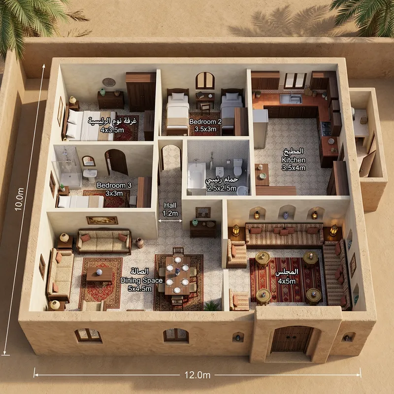 Modern 120m² Tunisian House Design with 3 Bedrooms