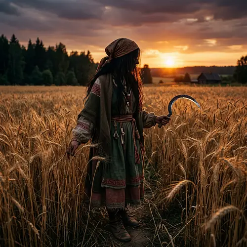 Enigmatic Black-Haired Witch in Golden Wheat Field with Sickle