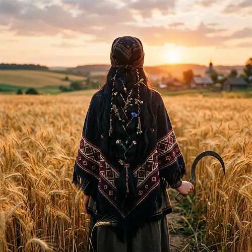 Slavic Black-Haired Witch in Wheat Field with Sickle