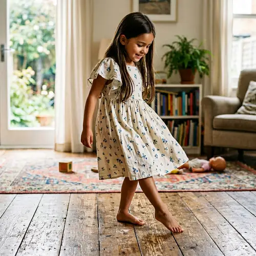 Barefoot Hispanic Girl Pointing Toes - Youthful Exploration