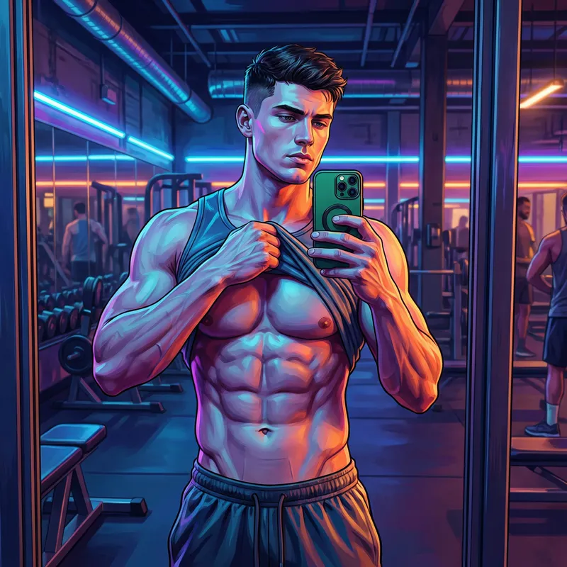 Stylish Fitness Model with iPhone in Gym – Digital Art
