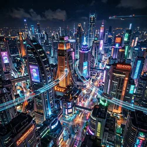 Futuristic Cityscape with Vibrant Neon Colors at Night
