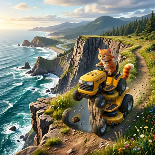 Pixar Style Cat on Lawn Mower Adventure
