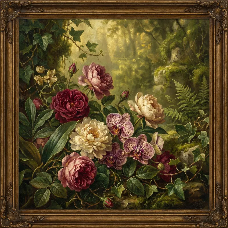 Vintage Botanical Oil Painting of Lush Gardens