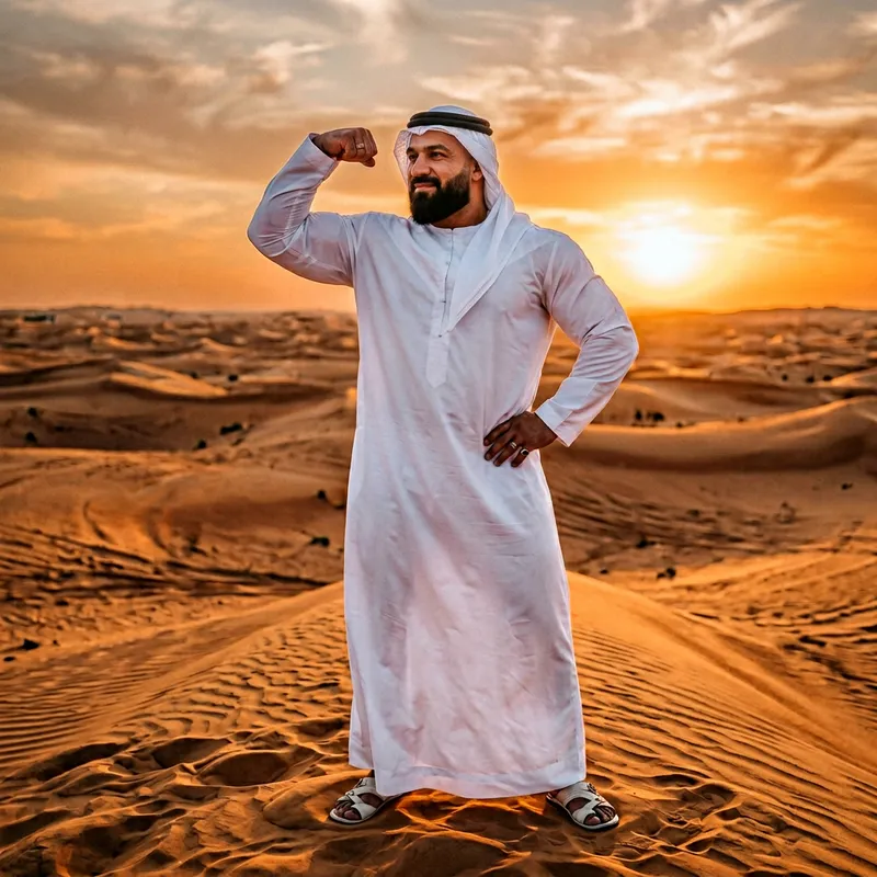 Powerful Middle-Eastern Man Embracing Tradition in Desert Landscape