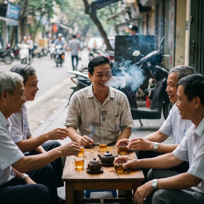 Vietnamese Man Enjoying Smoke and Conversations with Friends