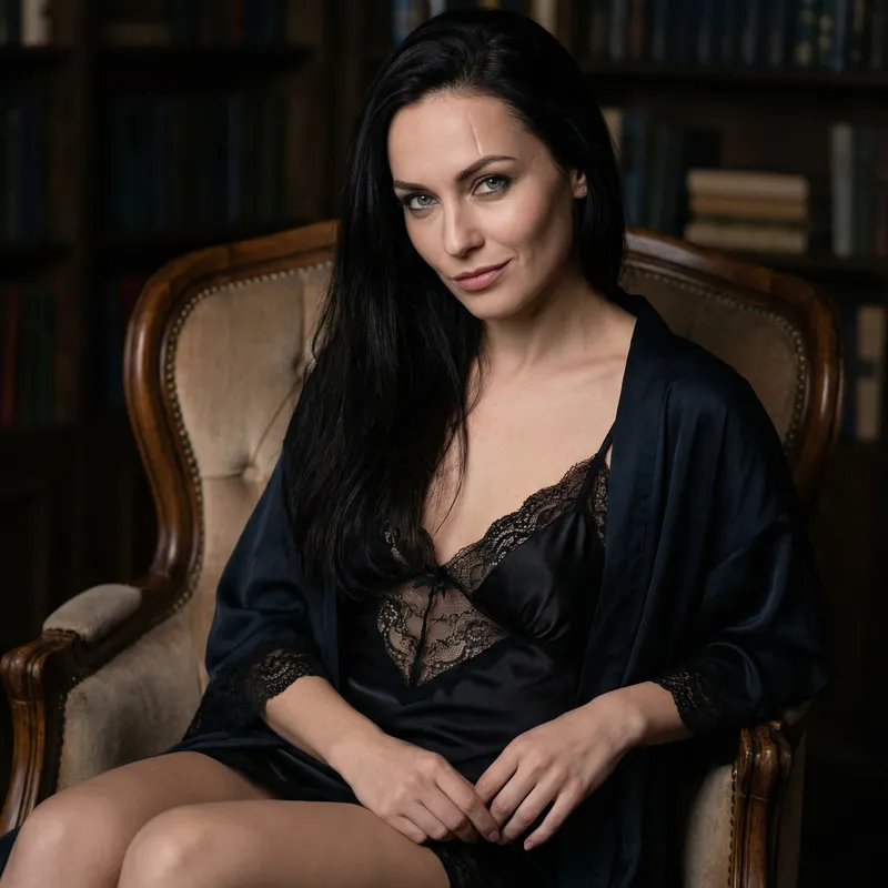 Elegant 32-Year-Old Woman in Black Lingerie