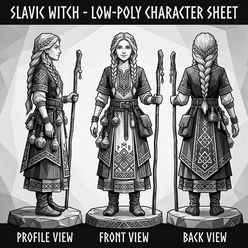 Low-Poly Slavic Witch Art - 3 Views