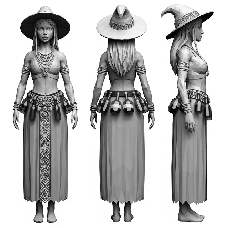 Low-Poly Slavic Witch Art - 3 Views
