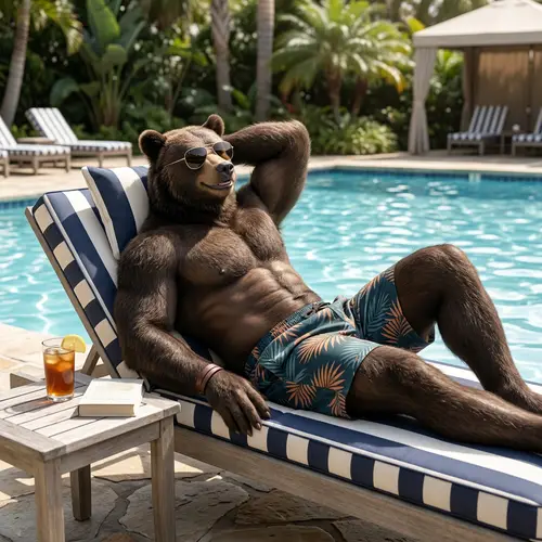 Male Bear Demi-Human by Pool in Casual Summer Look