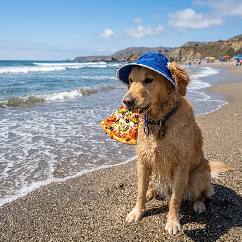 Dog Eating Pizza by Beach with Blue Hat