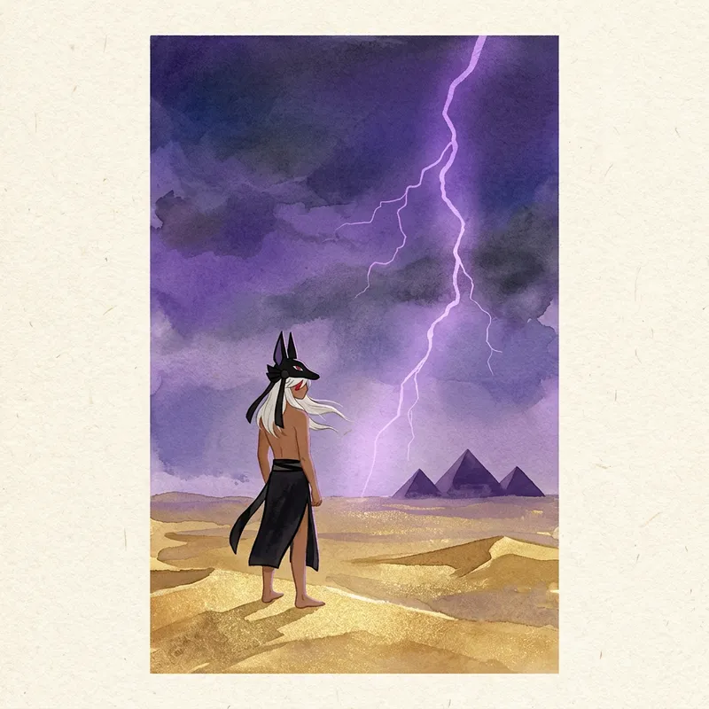 Mystical Egyptian Landscape with Unique Figure in Traditional Garb