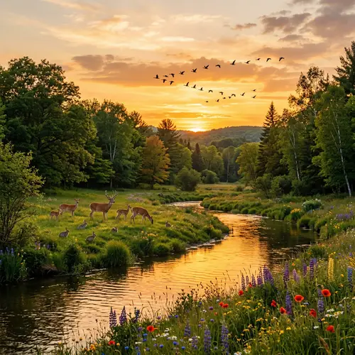 Tranquil Nature Scene with Trees, Birds, River & Wildlife