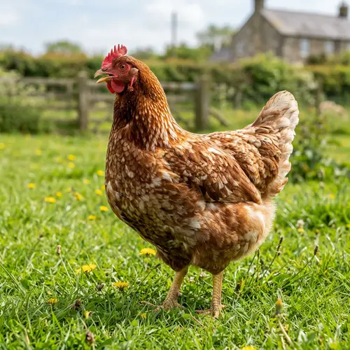 Beautiful Red and White Chicken in Profile on Green Grass