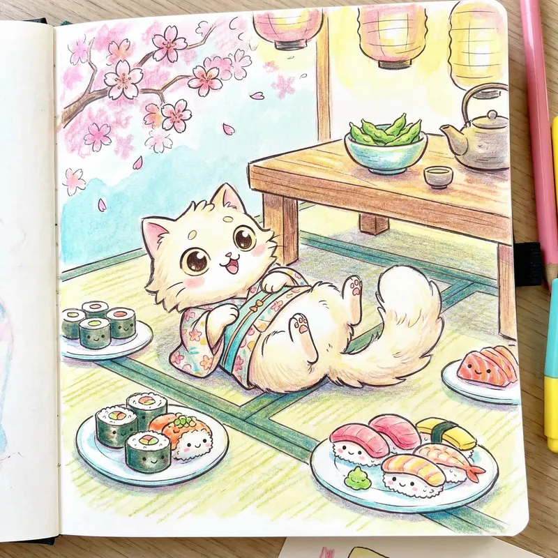 Kawaii Cat Cartoon Surrounded by Sushi in Anime Style