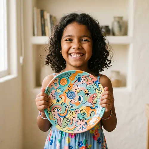Smiling Hispanic Girl with Colorful Plate - Abstract Cartoon Style