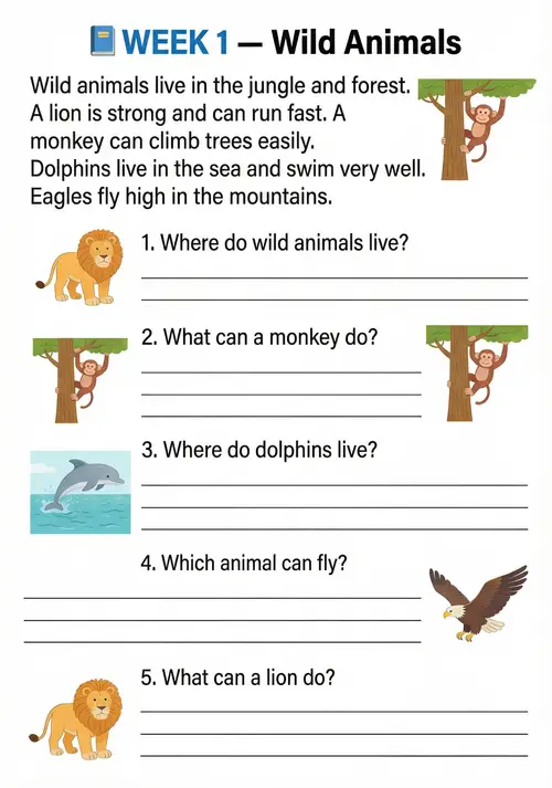Wild Animals Reading & Comprehension Activities