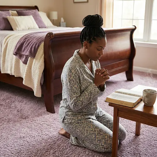 African American Woman Kneeling in Prayer | Graceful Bedroom Scene