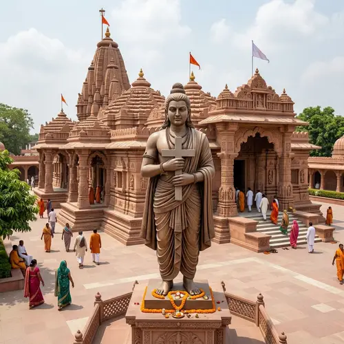 Indian Temple with Ayodhya Architectural Elements and Human Figure Statue