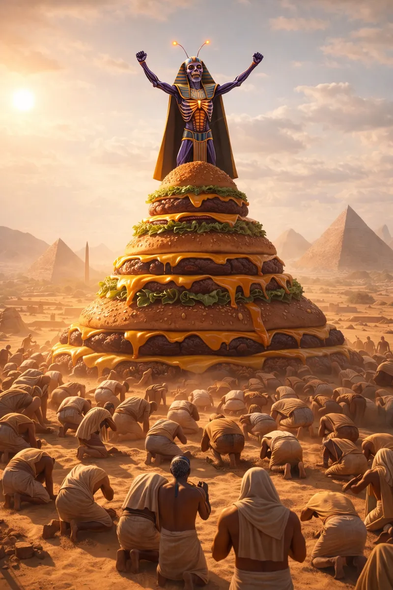 Victorious Skeleton on Hamburger Pyramid