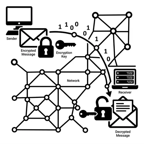 Encrypted Message Sent Through Network - Black and White Vector Image
