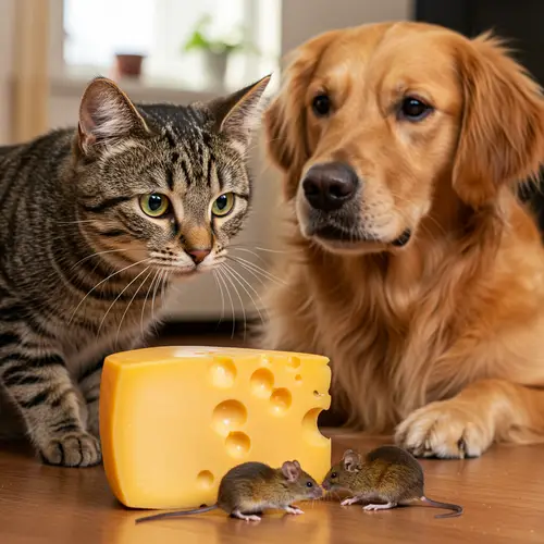 Adorable Cat and Dog with Mouse and Cheese