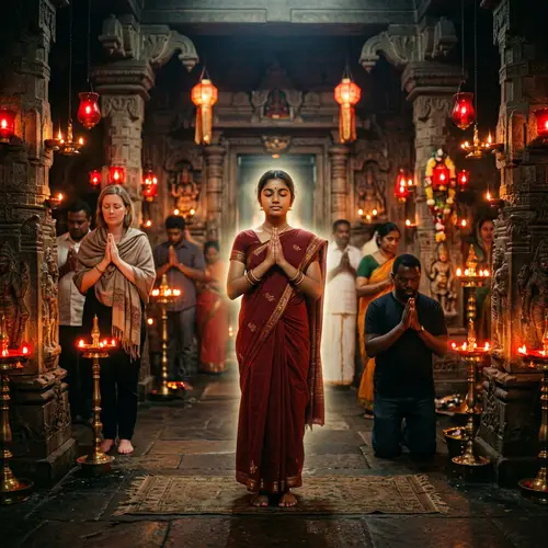 Serenity in South Asian Temple with Vibrant Lamps