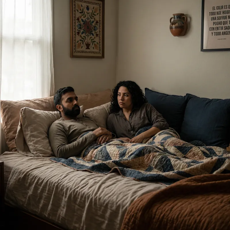 Couple's Melancholy Moment in a Serene Bedroom