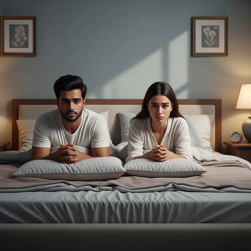 Couple's Melancholy Moment in a Serene Bedroom