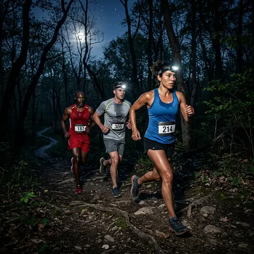 Midnight Forest Run: Diverse Group of Runners in Action