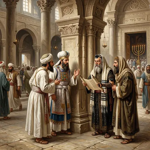 Judean Priests and Pharisees Discussing in Historical Temple