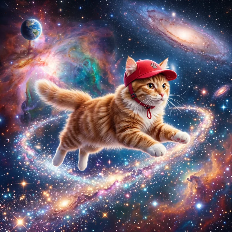 Red Cap Cat Running in Space | Interstellar Feline Fun
