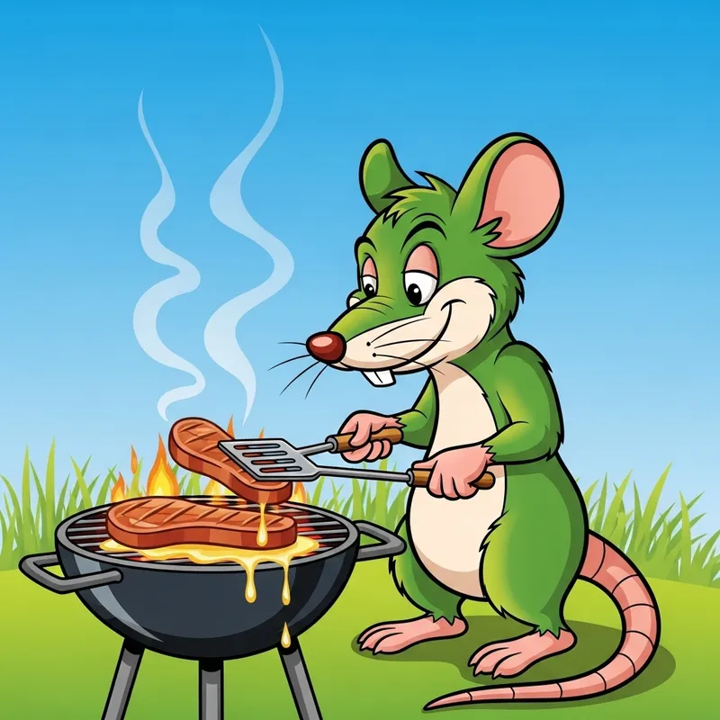 Green Cartoon Rat BBQ Smoking Meat