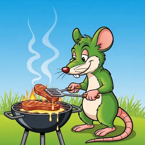 Green Cartoon Rat BBQ Smoking Meat