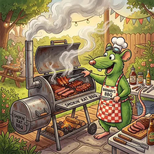 Green Cartoon Rat BBQ Smoking Meat