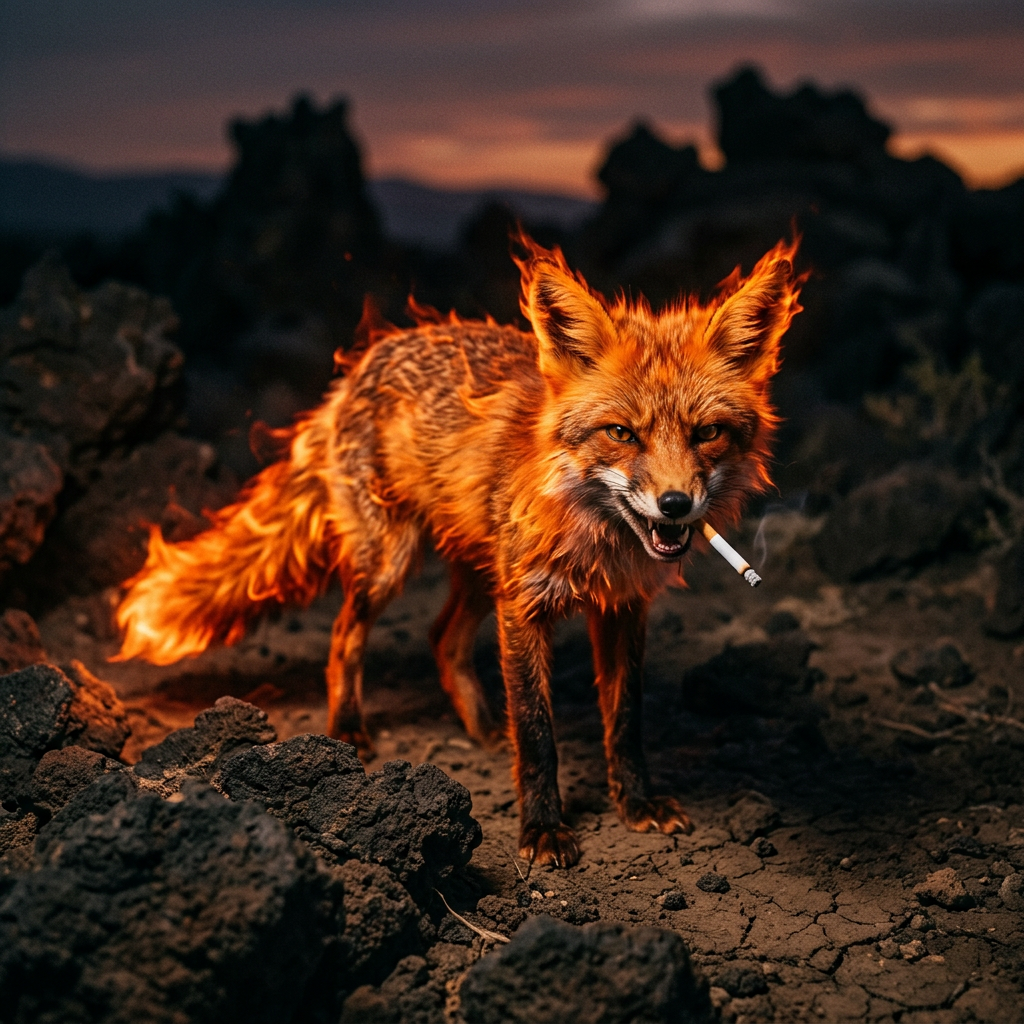 Aggressive Fire-Like Fox with Cigarette | AI Art Generator