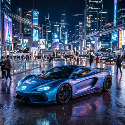 Sleek Metallic-Blue Sports Car in Futuristic Urban Landscape