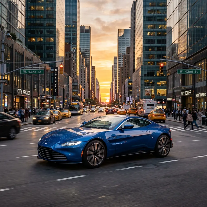 Sleek Blue Car in Cityscape with Urban Chic Style