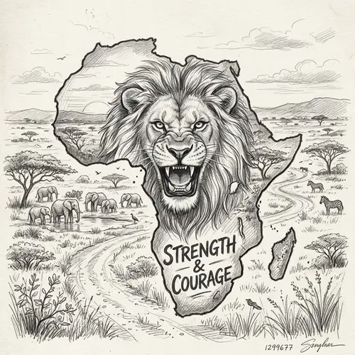 Pencil Drawing of African Strength: Lion and Landscape