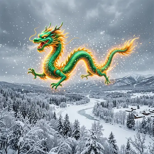 Majestic Emerald-Green Chinese Dragon Soaring Winter Skies