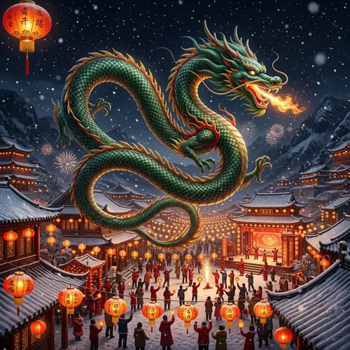 Green Chinese Dragon in Winter Setting - Chinese New Year Festivities