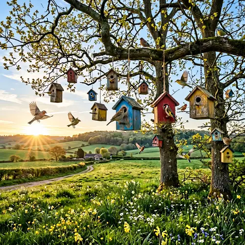 Scenic Birdhouse Collection in Spring Countryside