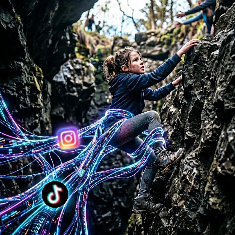 Metaphorical Struggle: Young Girl Reaching for Help Amidst Social Media Grip